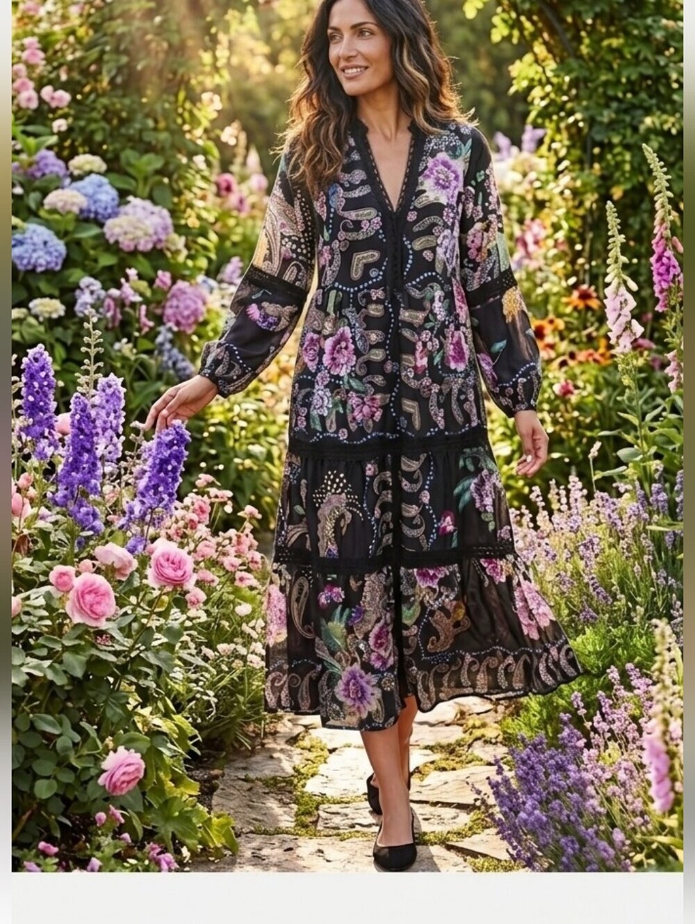 Johnny Was Leda Lace Trim Silk Floral Dress